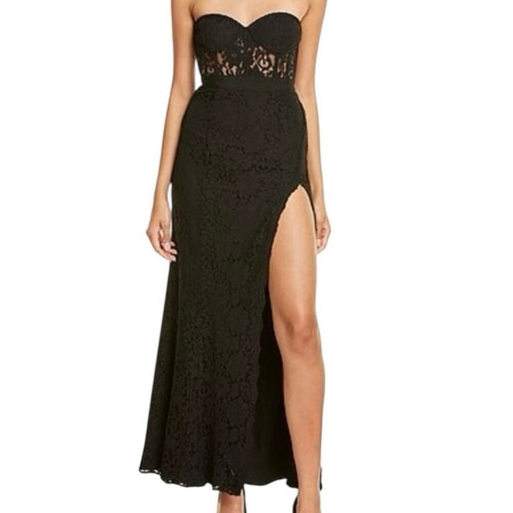 Fame and Partners Mariposa Black Lace Strapless Gown Dress‎ Size 10 Formal Slit